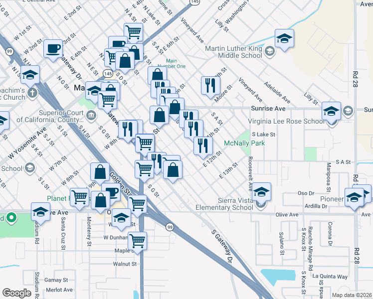 map of restaurants, bars, coffee shops, grocery stores, and more near 615 South D Street in Madera