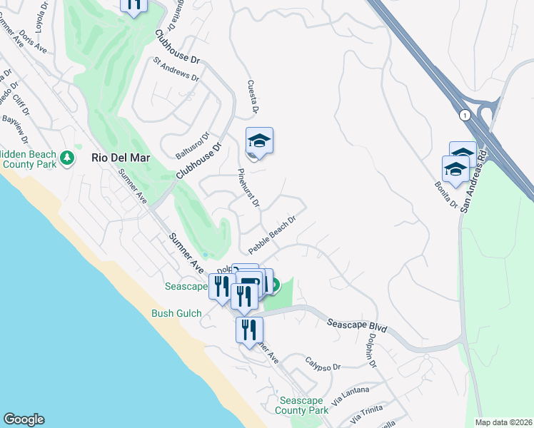 map of restaurants, bars, coffee shops, grocery stores, and more near 1118 Pinehurst Drive in Aptos