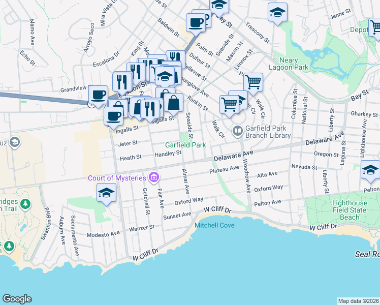 map of restaurants, bars, coffee shops, grocery stores, and more near 103 Handley Street in Santa Cruz