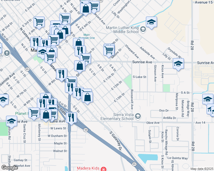 map of restaurants, bars, coffee shops, grocery stores, and more near in Madera