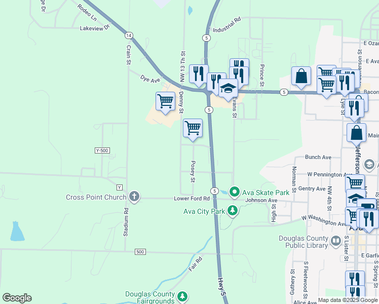 map of restaurants, bars, coffee shops, grocery stores, and more near 704-708 Northwest 12th Street in Ava