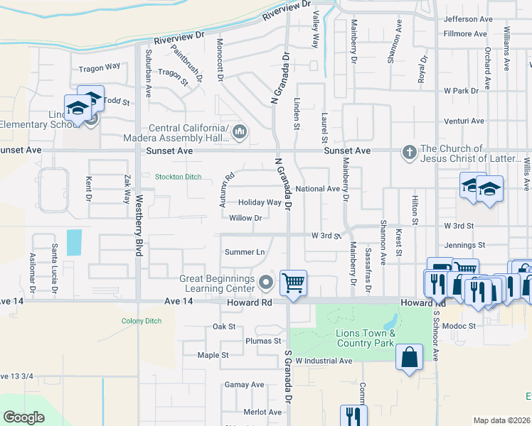 map of restaurants, bars, coffee shops, grocery stores, and more near 405 Fall Avenue in Madera