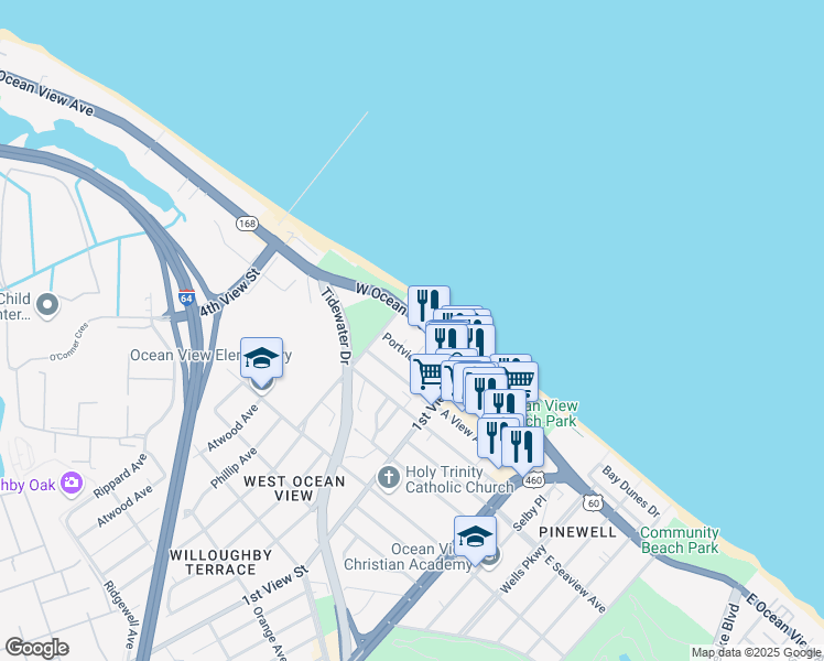 map of restaurants, bars, coffee shops, grocery stores, and more near 245 West Ocean View Avenue in Norfolk