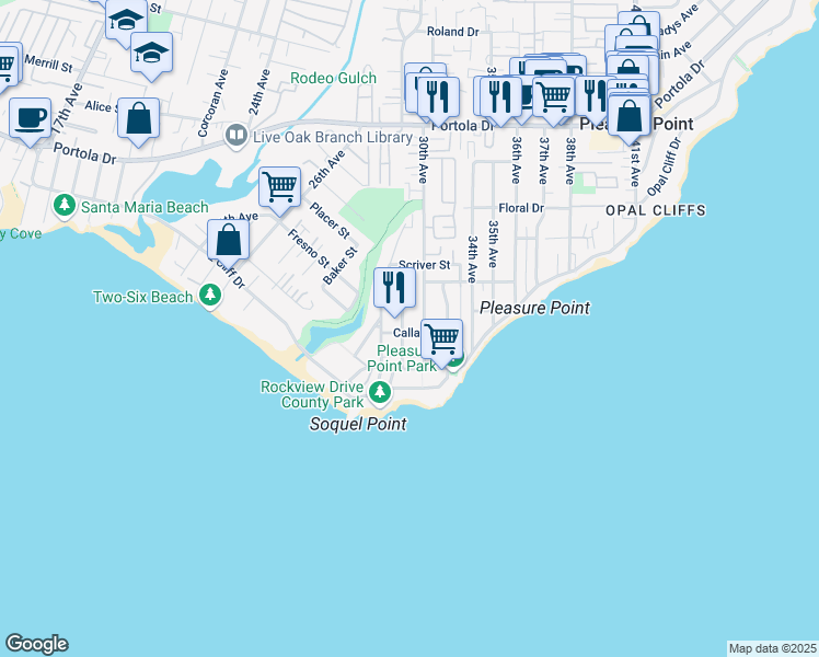 map of restaurants, bars, coffee shops, grocery stores, and more near 2919 Calla Drive in Santa Cruz