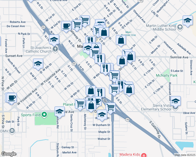 map of restaurants, bars, coffee shops, grocery stores, and more near 412 South G Street in Madera