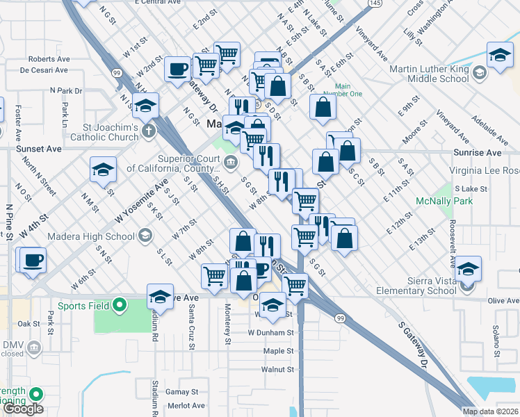 map of restaurants, bars, coffee shops, grocery stores, and more near 406 South G Street in Madera