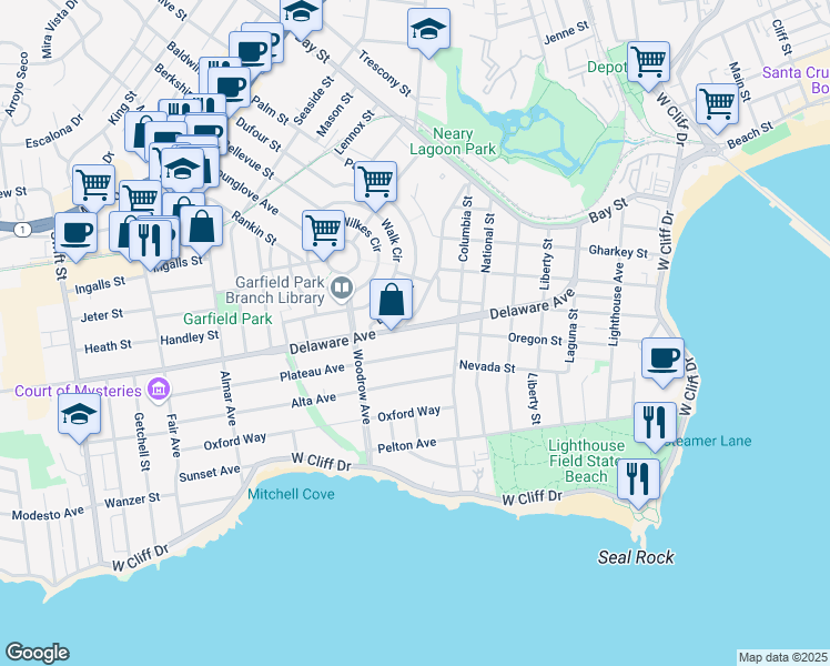 map of restaurants, bars, coffee shops, grocery stores, and more near 945 Delaware Avenue in Santa Cruz