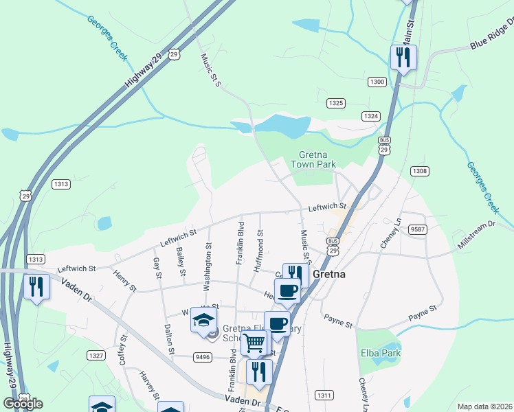 map of restaurants, bars, coffee shops, grocery stores, and more near 300 Leftwich Street in Gretna