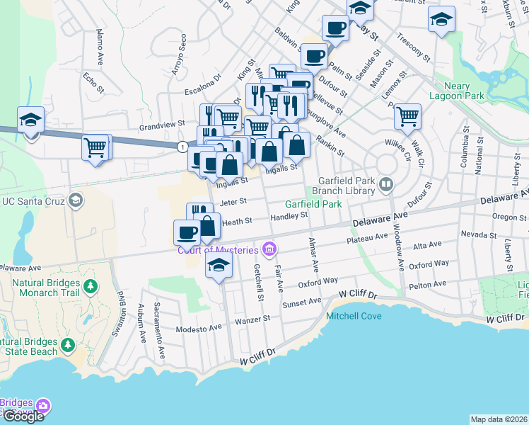 map of restaurants, bars, coffee shops, grocery stores, and more near 811 Fair Avenue in Santa Cruz