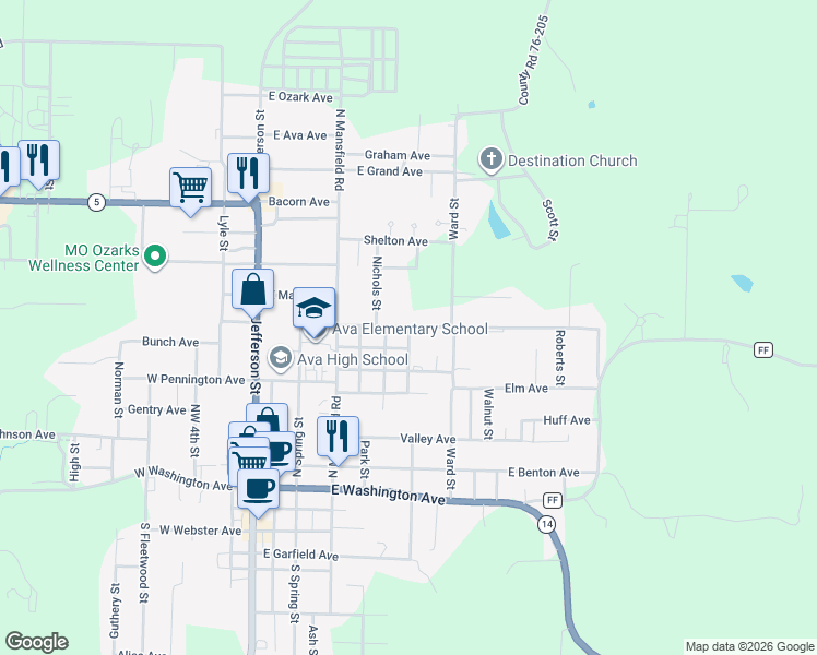 map of restaurants, bars, coffee shops, grocery stores, and more near 708 Northeast 7th Street in Ava