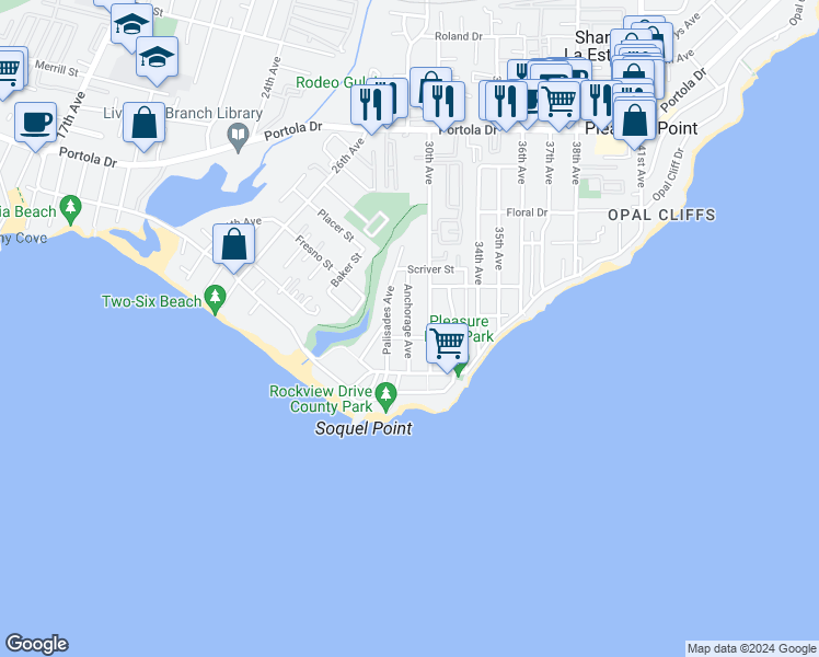 map of restaurants, bars, coffee shops, grocery stores, and more near 216 Anchorage Avenue in Santa Cruz