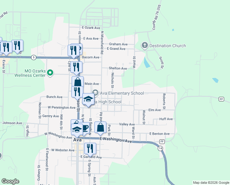 map of restaurants, bars, coffee shops, grocery stores, and more near 700-708 Northeast 7th Street in Ava
