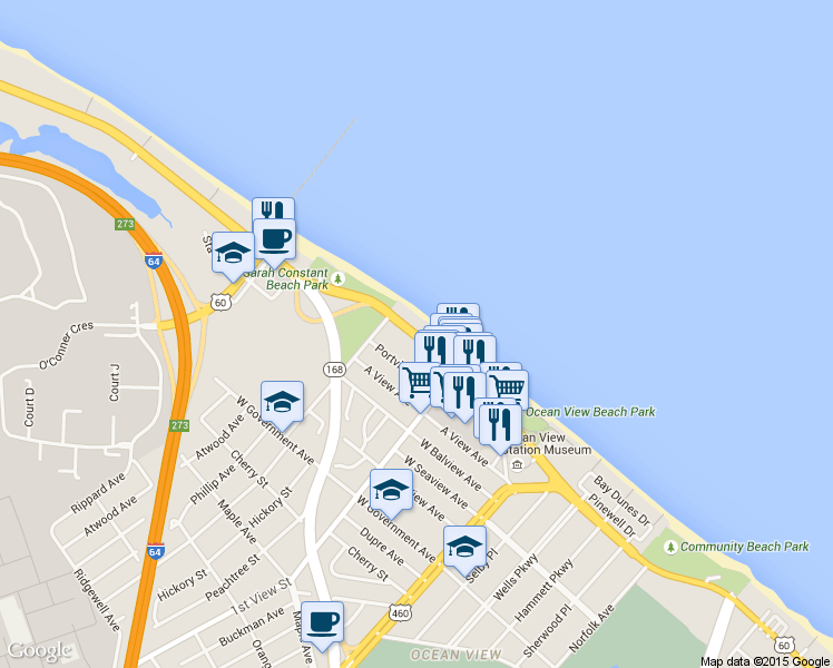 map of restaurants, bars, coffee shops, grocery stores, and more near 252 West Ocean View Avenue in Norfolk