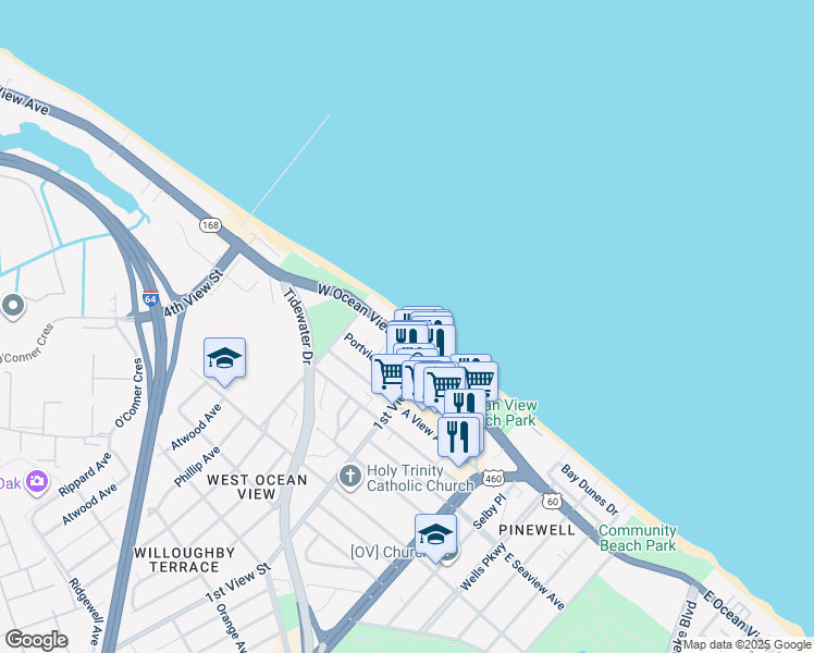map of restaurants, bars, coffee shops, grocery stores, and more near 238 West Ocean View Avenue in Norfolk