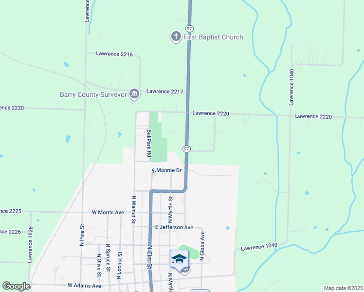 map of restaurants, bars, coffee shops, grocery stores, and more near 1001 Highway 97 in Pierce City