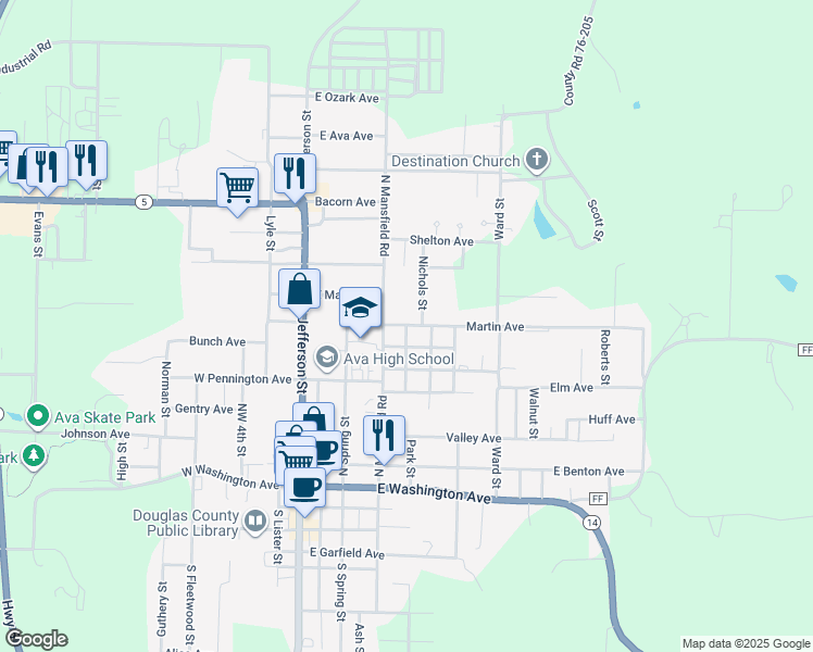 map of restaurants, bars, coffee shops, grocery stores, and more near 709 Northeast 6th Street in Ava