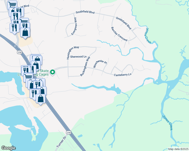 map of restaurants, bars, coffee shops, grocery stores, and more near 104 Winchester Place in Smithfield