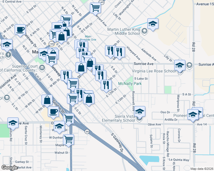 map of restaurants, bars, coffee shops, grocery stores, and more near in Madera