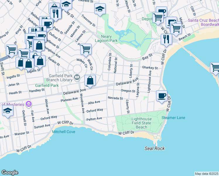 map of restaurants, bars, coffee shops, grocery stores, and more near 607 Columbia Street in Santa Cruz