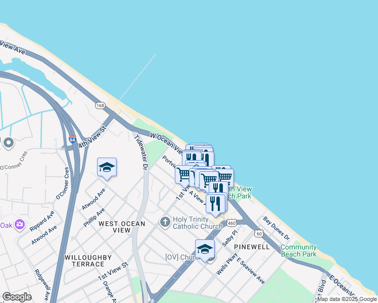 map of restaurants, bars, coffee shops, grocery stores, and more near 252 West Ocean View Avenue in Norfolk