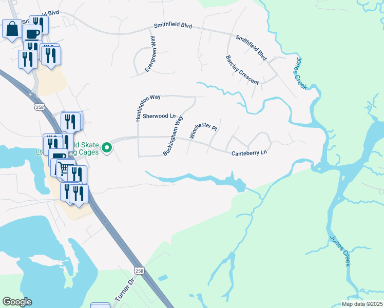 map of restaurants, bars, coffee shops, grocery stores, and more near 104 Winchester Place in Smithfield