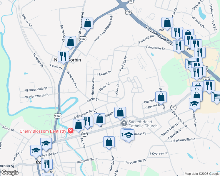 map of restaurants, bars, coffee shops, grocery stores, and more near 77 Hawe Street in Corbin