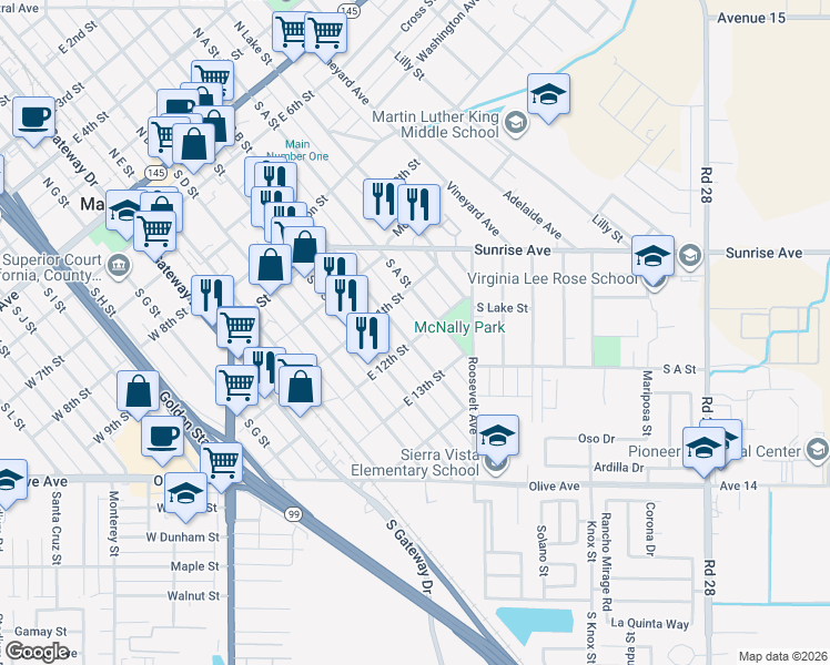 map of restaurants, bars, coffee shops, grocery stores, and more near 409 East 12th Street in Madera