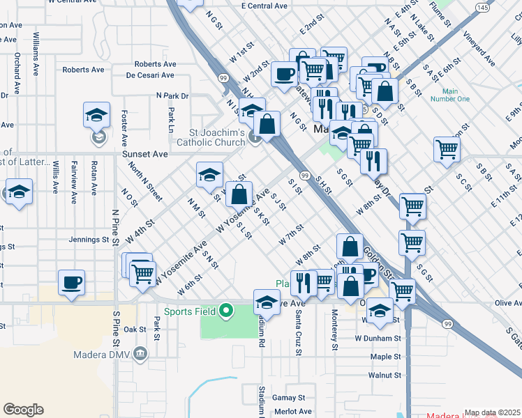 map of restaurants, bars, coffee shops, grocery stores, and more near 125 South K Street in Madera