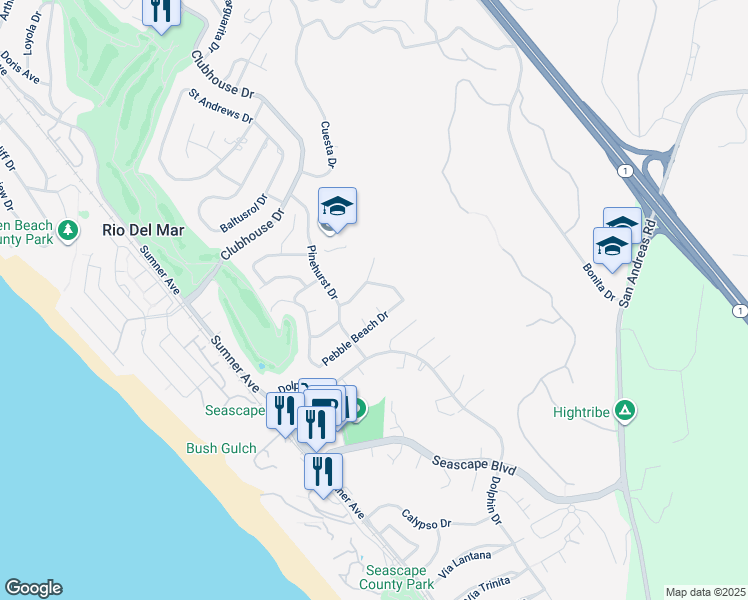 map of restaurants, bars, coffee shops, grocery stores, and more near 130 Thunderbird Court in Aptos