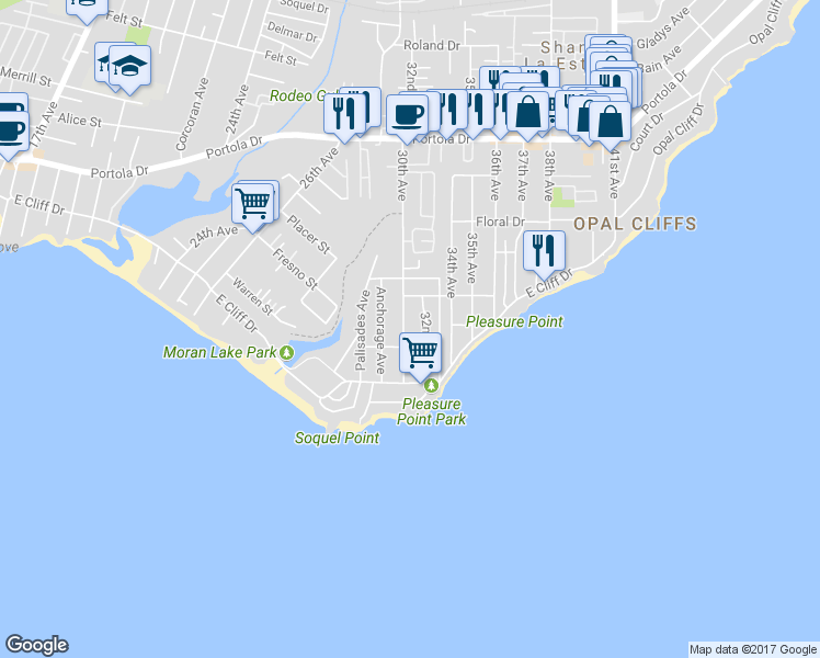 map of restaurants, bars, coffee shops, grocery stores, and more near 3035 Calla Drive in Santa Cruz