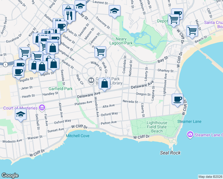 map of restaurants, bars, coffee shops, grocery stores, and more near 945 Delaware Avenue in Santa Cruz