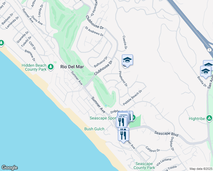 map of restaurants, bars, coffee shops, grocery stores, and more near 175 Tamarack Drive in Aptos