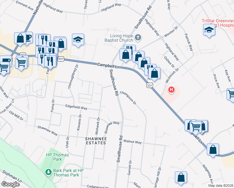 map of restaurants, bars, coffee shops, grocery stores, and more near 2511 Smallhouse Road in Bowling Green