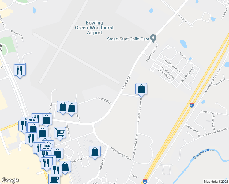 map of restaurants, bars, coffee shops, grocery stores, and more near 851 Lovers Lane in Bowling Green