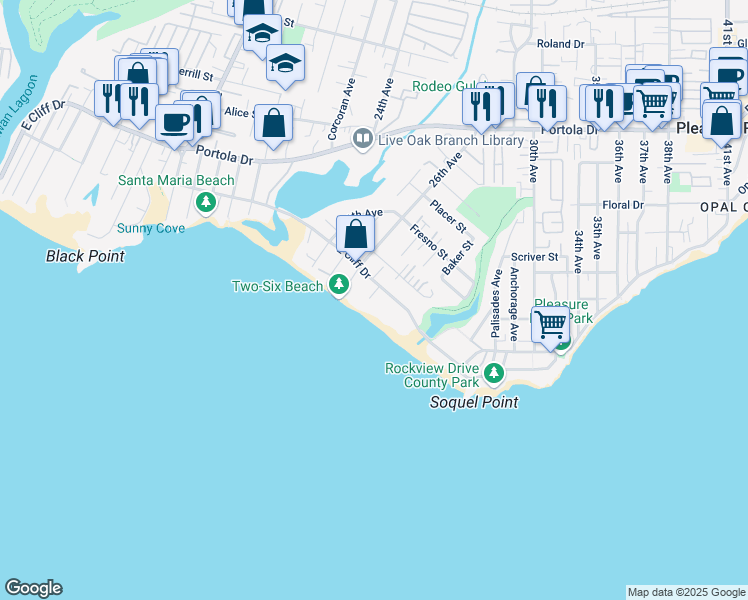map of restaurants, bars, coffee shops, grocery stores, and more near 22660 East Cliff Drive in Santa Cruz