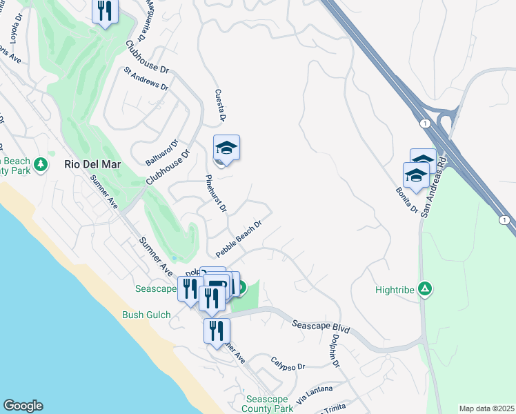 map of restaurants, bars, coffee shops, grocery stores, and more near 230 Thunderbird Drive in Aptos