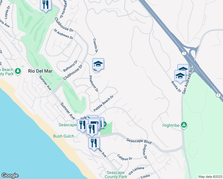map of restaurants, bars, coffee shops, grocery stores, and more near 230 Thunderbird Drive in Aptos