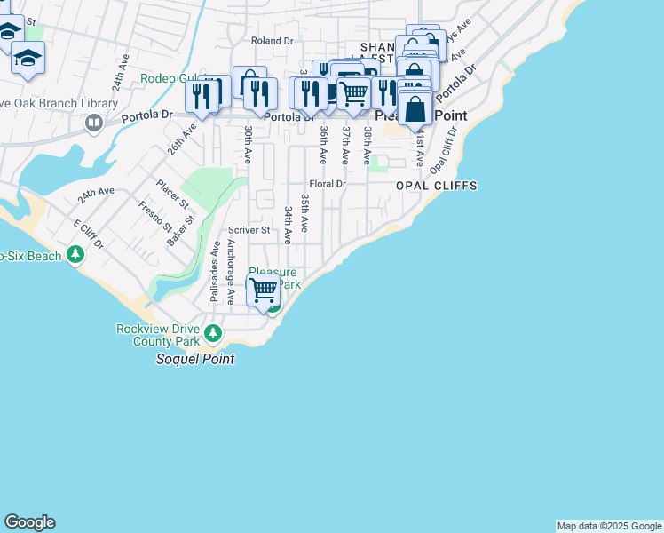 map of restaurants, bars, coffee shops, grocery stores, and more near 23610 East Cliff Drive in Santa Cruz