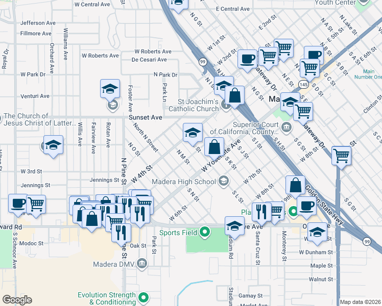 map of restaurants, bars, coffee shops, grocery stores, and more near 701 West 5th Street in Madera