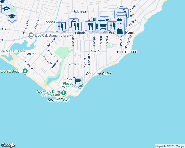 map of restaurants, bars, coffee shops, grocery stores, and more near 23610 East Cliff Drive in Santa Cruz
