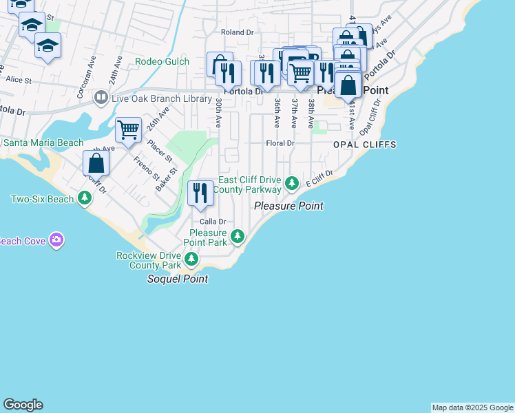 map of restaurants, bars, coffee shops, grocery stores, and more near 23451 East Cliff Drive in Santa Cruz
