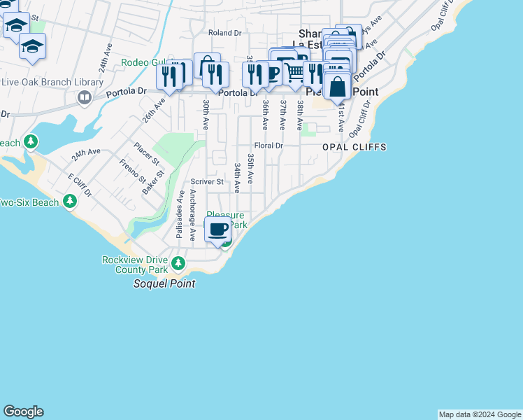 map of restaurants, bars, coffee shops, grocery stores, and more near 23541 East Cliff Drive in Santa Cruz