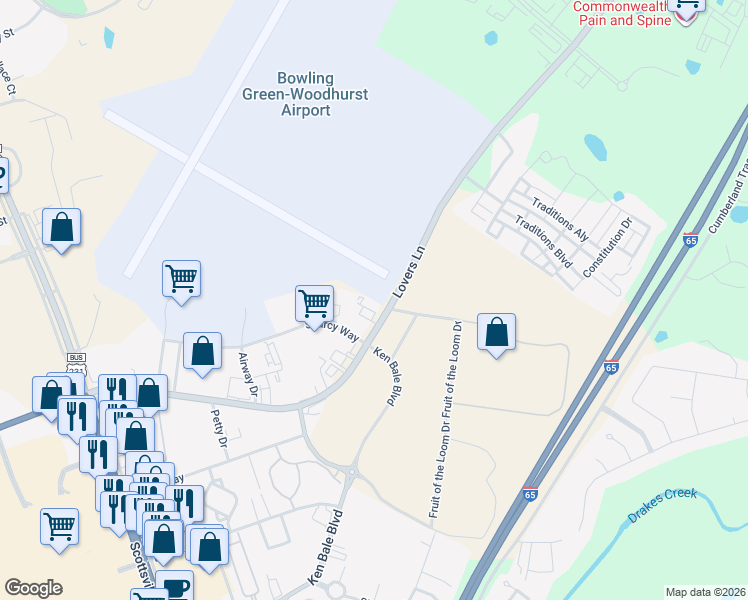 map of restaurants, bars, coffee shops, grocery stores, and more near 799 Lovers Lane in Bowling Green