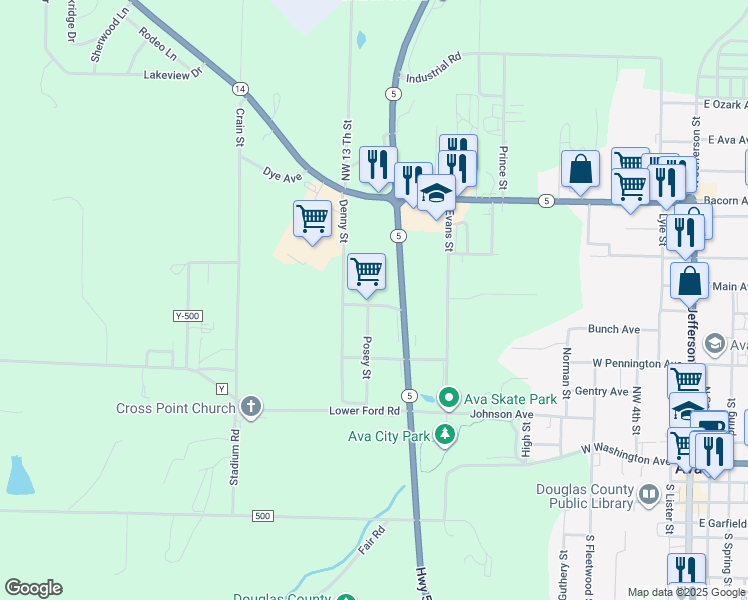 map of restaurants, bars, coffee shops, grocery stores, and more near 704 Northwest 12th Avenue in Ava