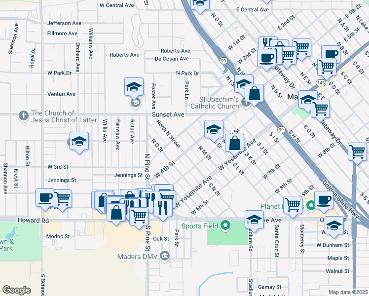 map of restaurants, bars, coffee shops, grocery stores, and more near 312 North M Street in Madera