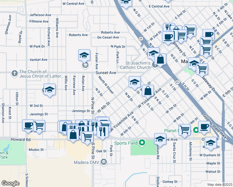 map of restaurants, bars, coffee shops, grocery stores, and more near 312 North M Street in Madera