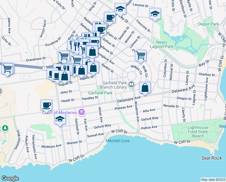 map of restaurants, bars, coffee shops, grocery stores, and more near 155 Surfside Avenue in Santa Cruz