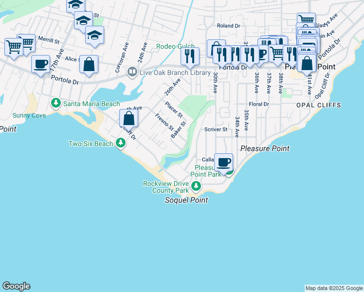 map of restaurants, bars, coffee shops, grocery stores, and more near 2875 Fresno Street in Santa Cruz