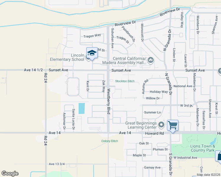 map of restaurants, bars, coffee shops, grocery stores, and more near 3288 Cedar Creek Lane in Madera