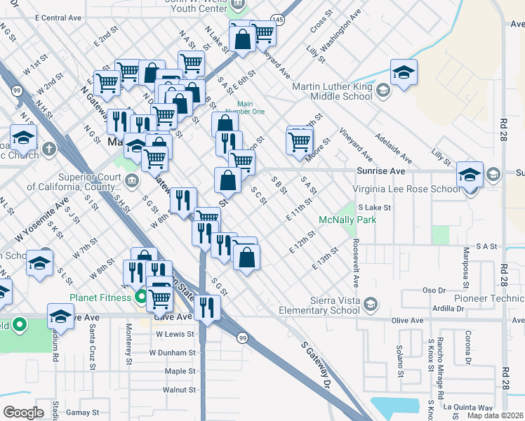 map of restaurants, bars, coffee shops, grocery stores, and more near 524 South C Street in Madera
